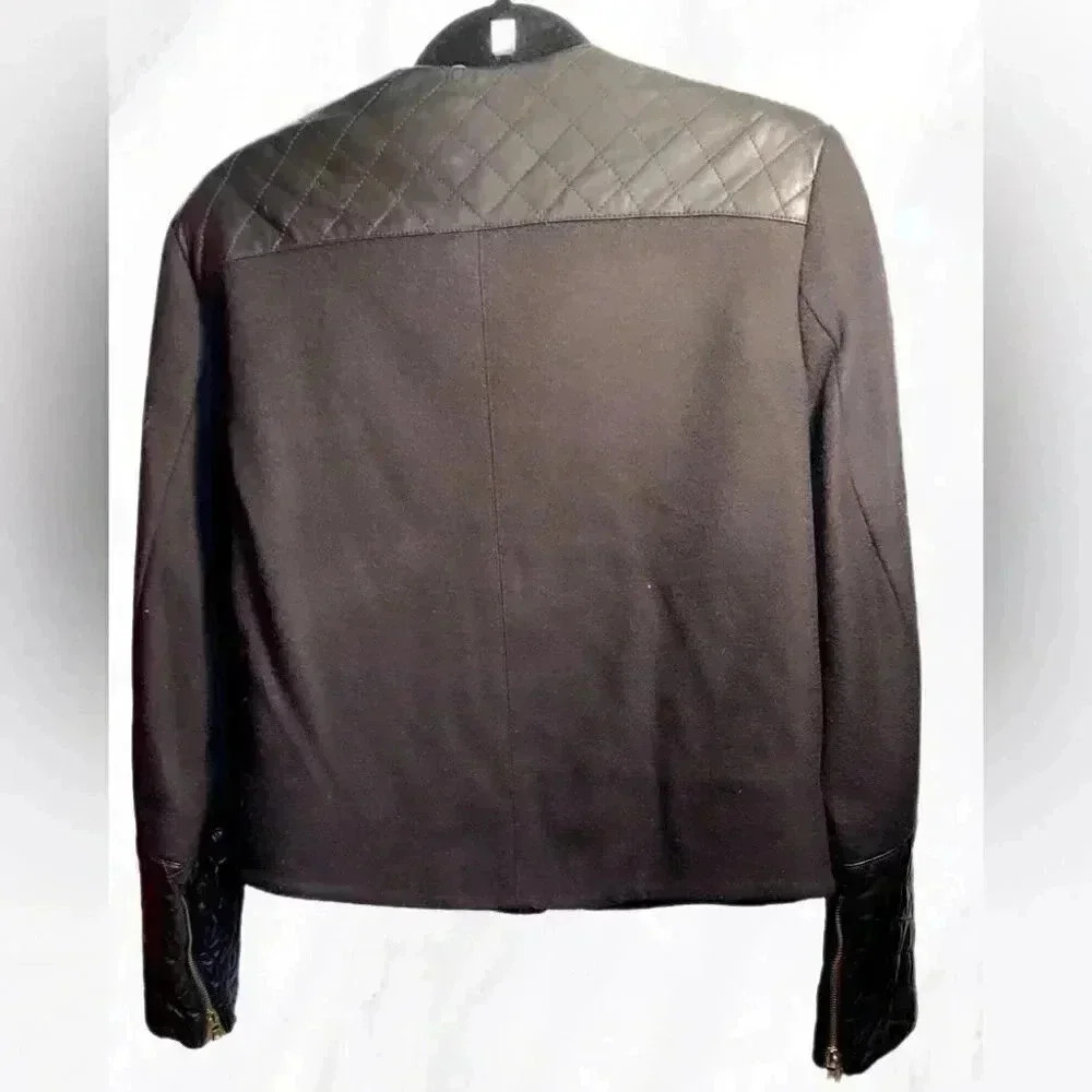 Alice + Olivia Wool Cashmere Leather Trim Jacket | Quilted, Black S - Picture 3 of 5